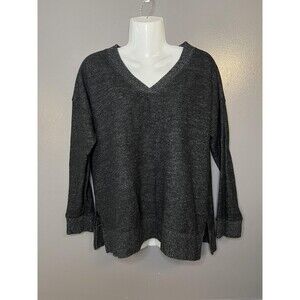 Cherish Sweater Womens Medium Charcoal V-Neck Ribbed Trim Drop Shoulder Pullover